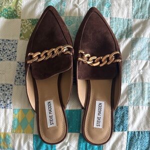 Steve Madden Brown Suede Pointed Chain-Accent Mules